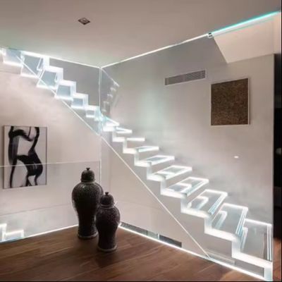 Solid Customized LED Light Floating Stair z ukrytą stalową belką i szklanym balustradem
